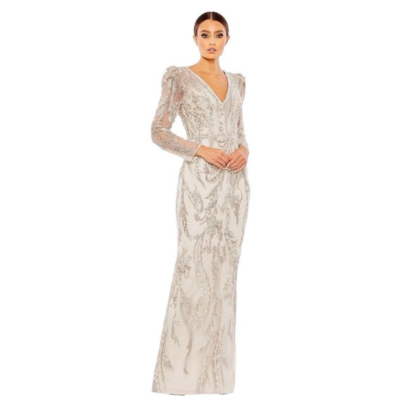 Mac Duggal Dresses & Skirts - Mac Duggal 20349 Mocha Embroidered Beaded Sequins Long Sleeve Gown Size 12 $998